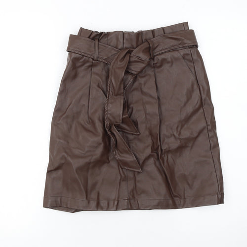 New Look Women Brown Faux Leather High Waist Knee Length Skirt Size 8