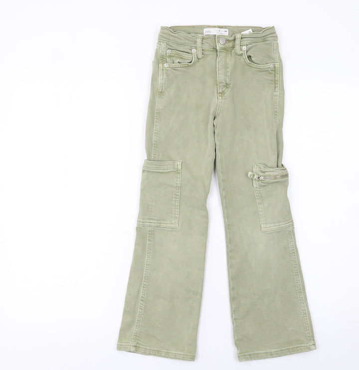ZARA Girls Green Cotton Stretch Straight Cargo Jeans Age 8 Years