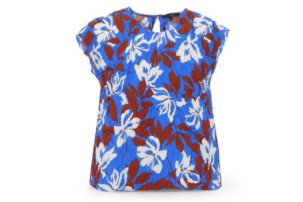 Front view of Vero Moda Women's Blue Floral Viscose Blouse, size M, Short Sleeve