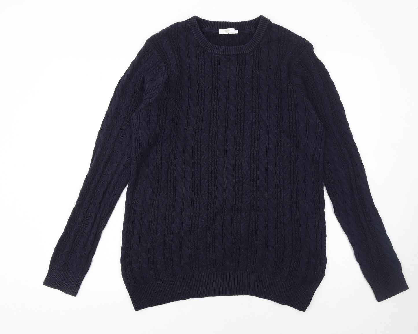 Cotton Traders Men's Navy Blue Cable-Knit Cotton Jumper L