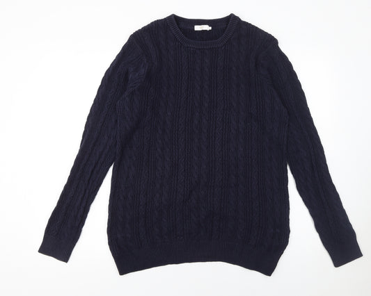 Cotton Traders Men's Navy Blue Cable-Knit Cotton Jumper L