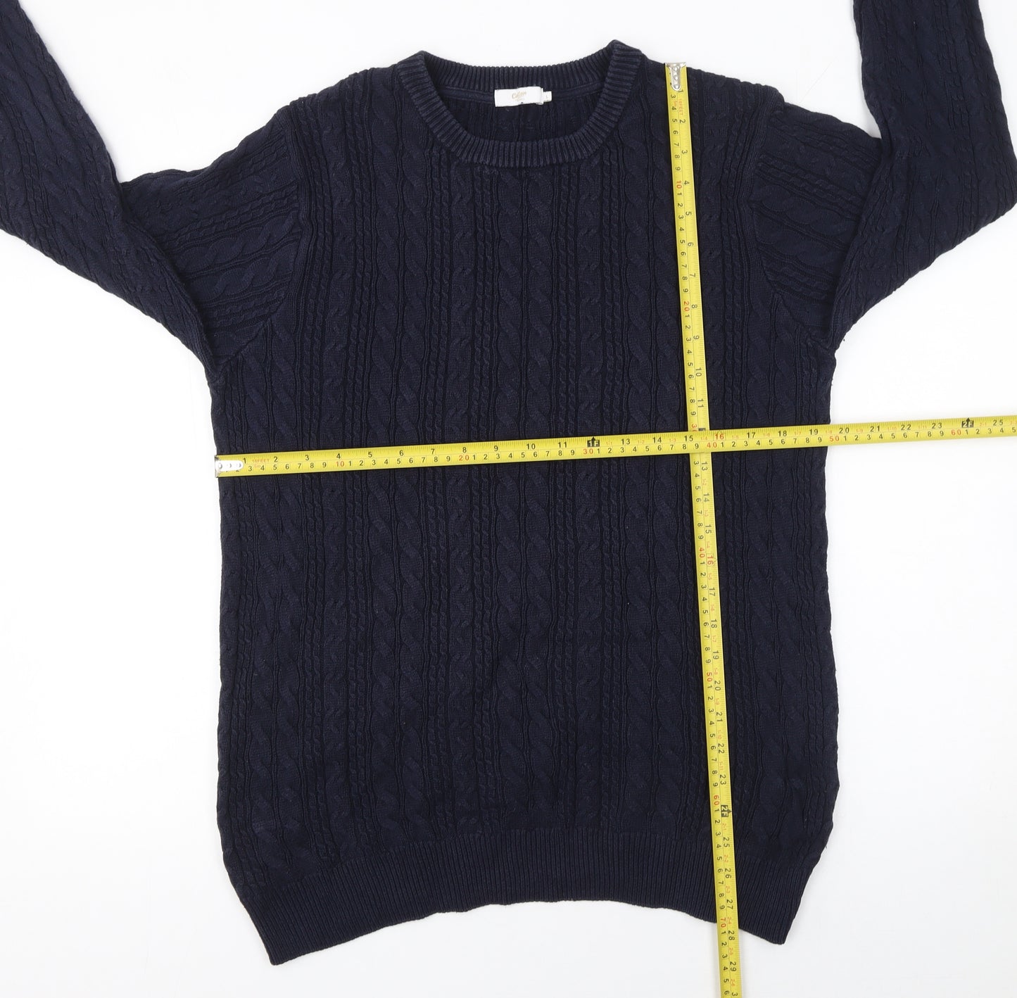 Cotton Traders Men's Navy Blue Cable-Knit Cotton Jumper L