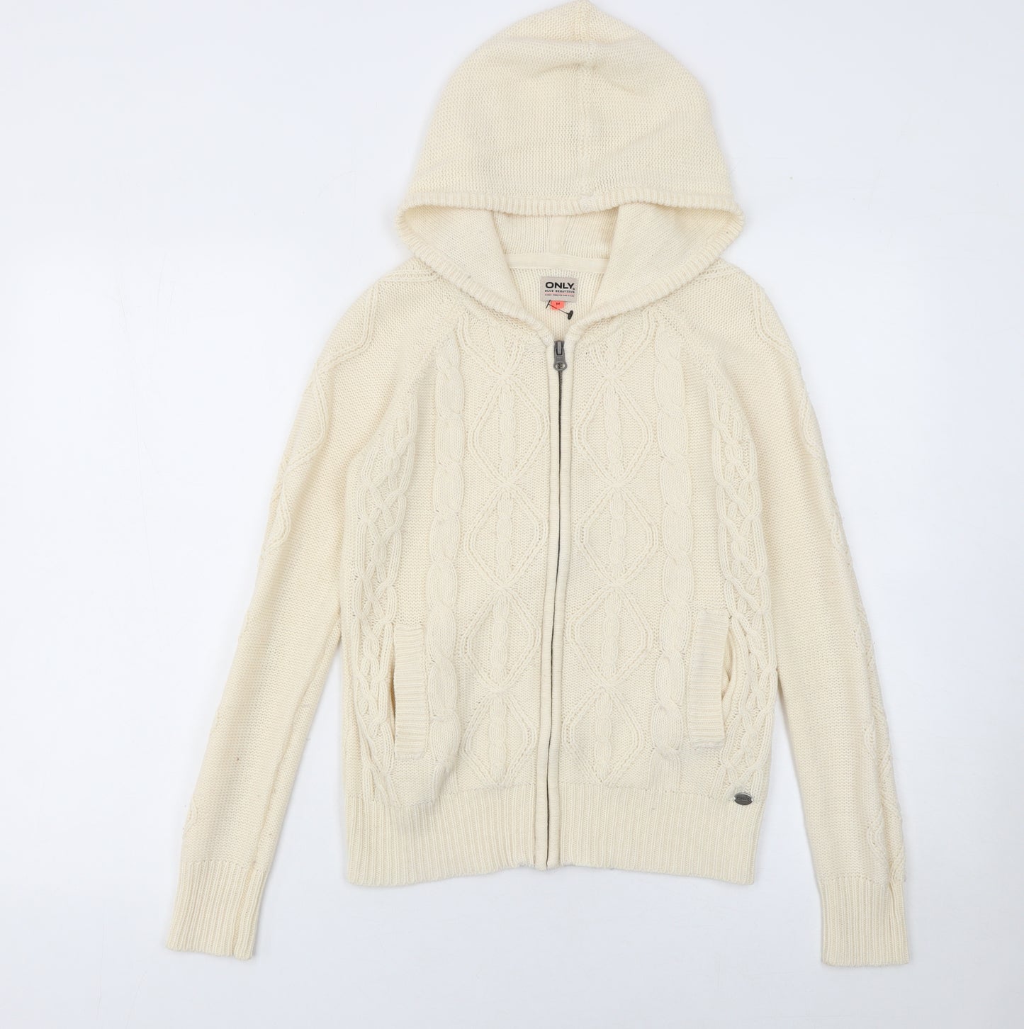 ONLY Womens Ivory Hooded Cable-Knit Full Zip Jumper Size M