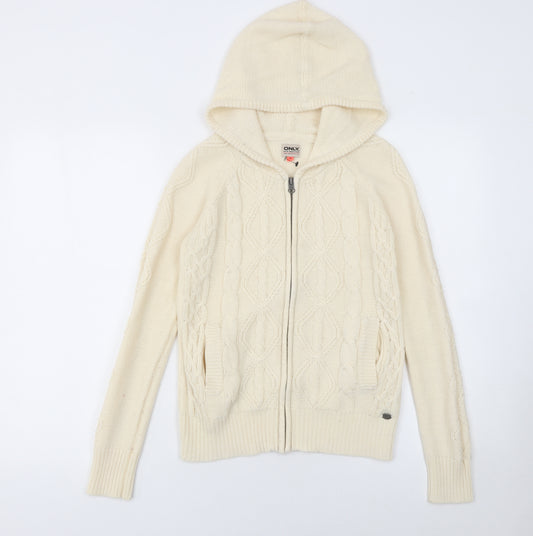 ONLY Womens Ivory Hooded Cable-Knit Full Zip Jumper Size M