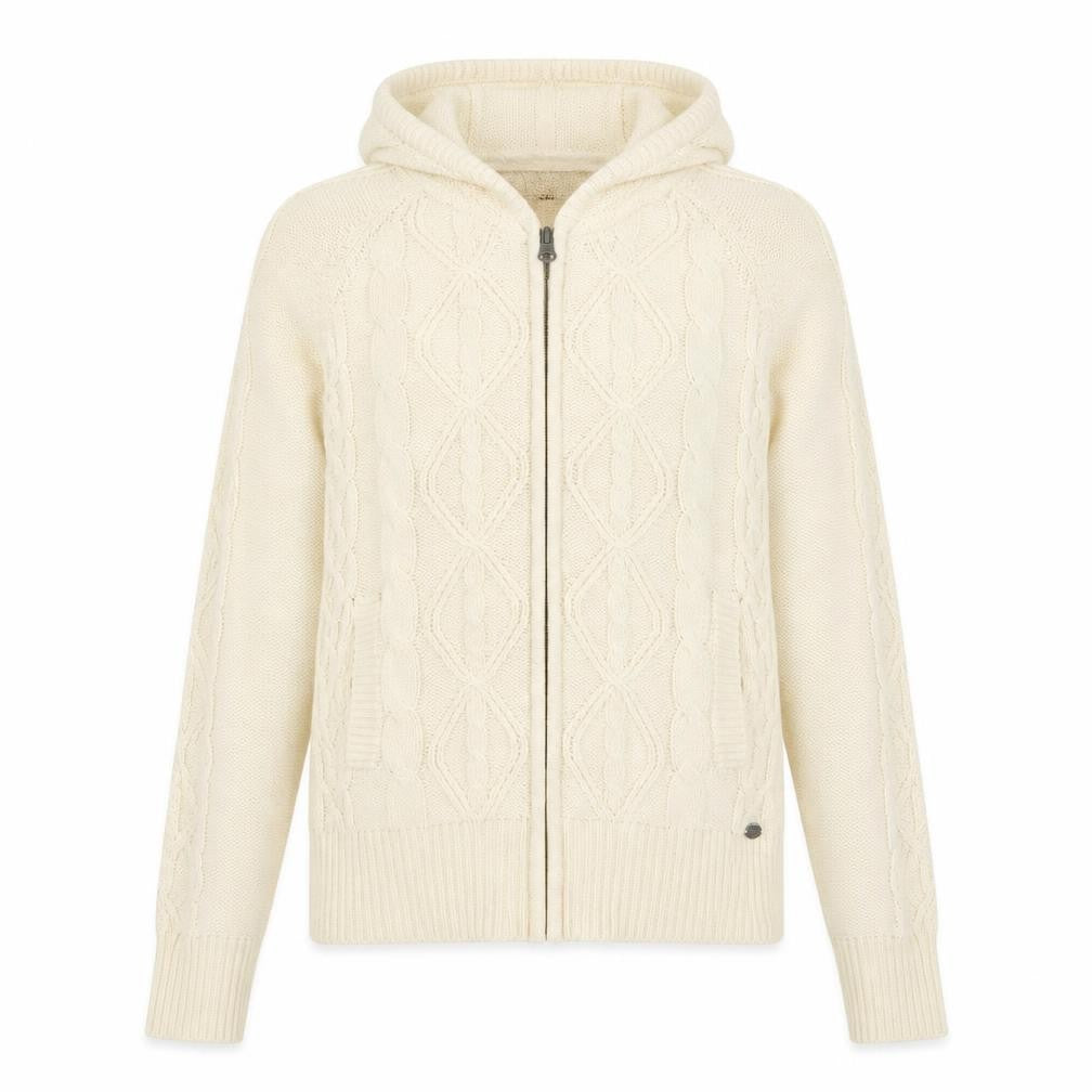Front view of Only women’s ivory hooded cable-knit full zip jumper, size M