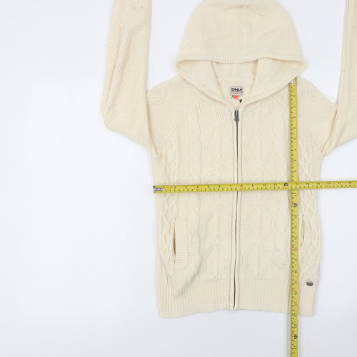 ONLY Womens Ivory Hooded Cable-Knit Full Zip Jumper Size M