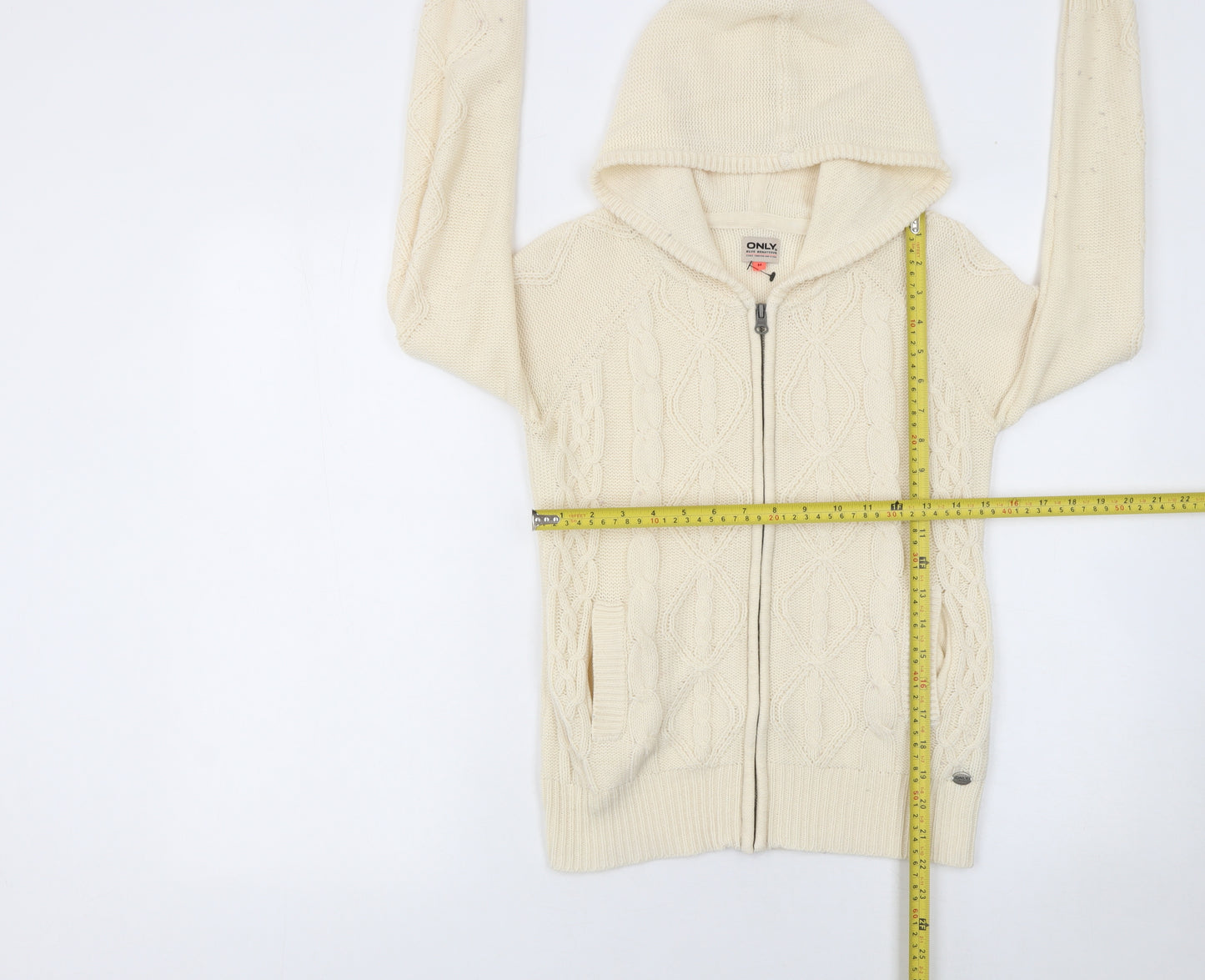 ONLY Womens Ivory Hooded Cable-Knit Full Zip Jumper Size M