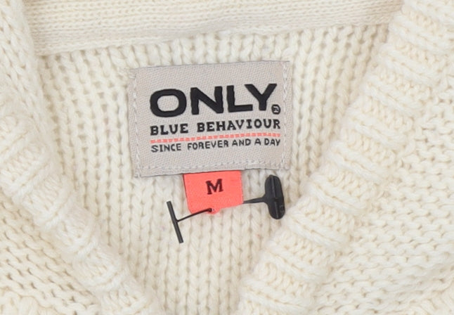 ONLY Womens Ivory Hooded Cable-Knit Full Zip Jumper Size M