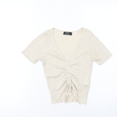 Bershka Women Beige Cropped Ruched Ribbed V-Neck T-Shirt Size S