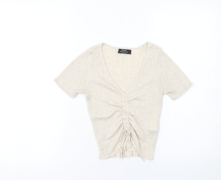 Bershka Women Beige Cropped Ruched Ribbed V-Neck T-Shirt Size S
