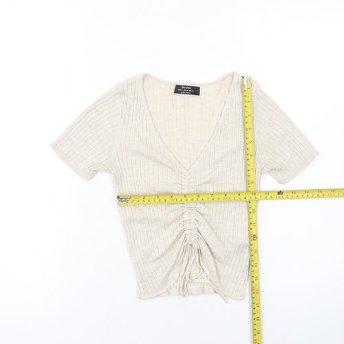Bershka Women Beige Cropped Ruched Ribbed V-Neck T-Shirt Size S