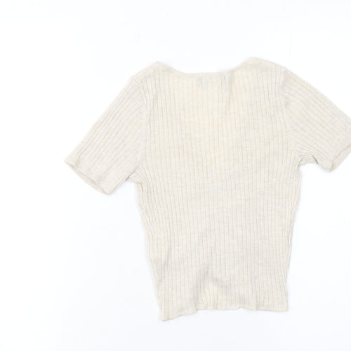 Bershka Women Beige Cropped Ruched Ribbed V-Neck T-Shirt Size S