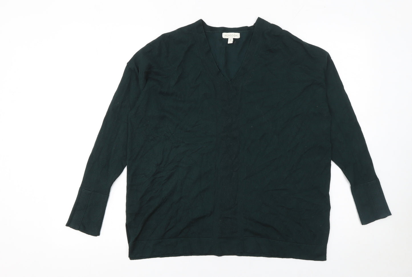 Monsoon Women’s Green V-Neck Cotton Long Sleeve Jumper Size M