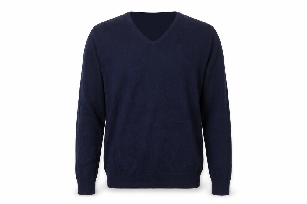 Front view of Woolovers Men's Blue V-Neck Cotton Cashmere Jumper M