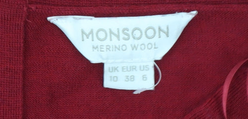 Monsoon Women's Red Merino Wool Boat Neck Jumper Size 10