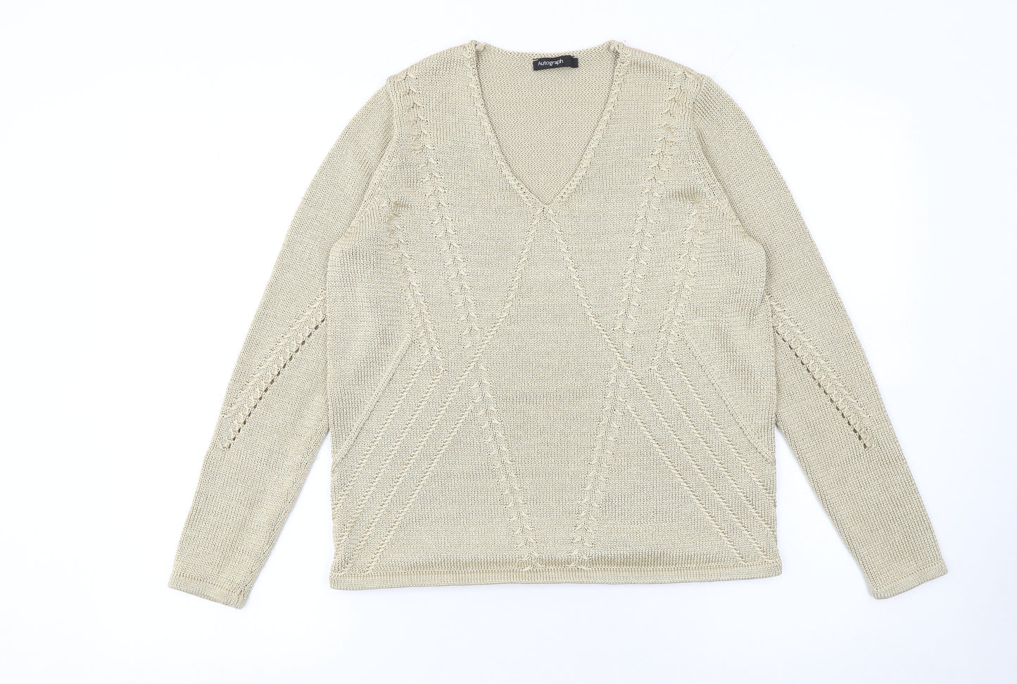Marks and Spencer Women Beige V-Neck Knit Jumper Size 14