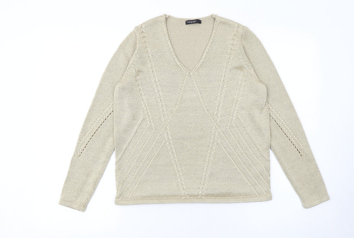 Marks and Spencer Women Beige V-Neck Knit Jumper Size 14