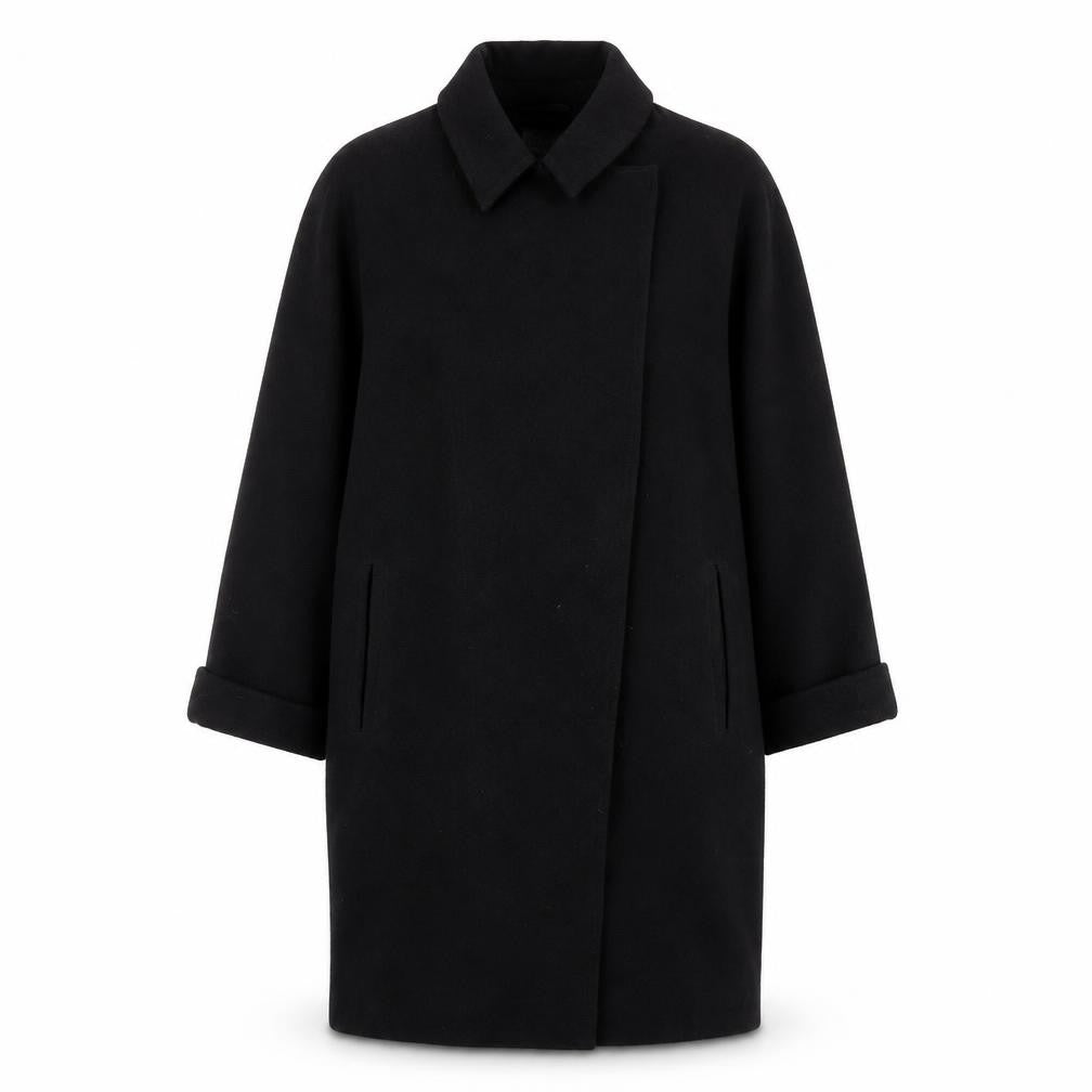 Front view of Topshop women’s black wool blend single breasted coat, size UK 6