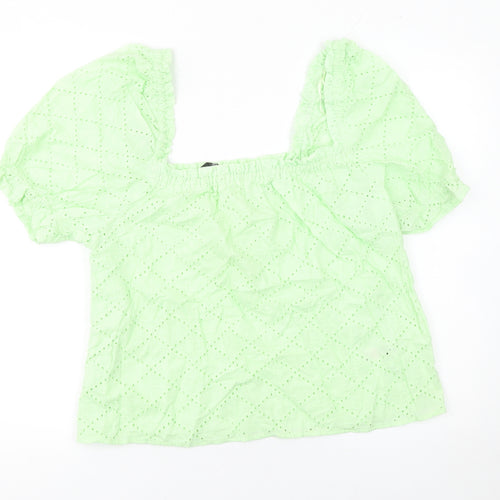 Dunnes Stores Women’s Green Cotton Embroidered Puff Sleeve Cropped Blouse Size 16