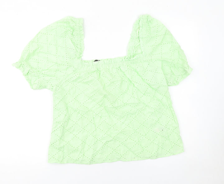 Dunnes Stores Women’s Green Cotton Embroidered Puff Sleeve Cropped Blouse Size 16