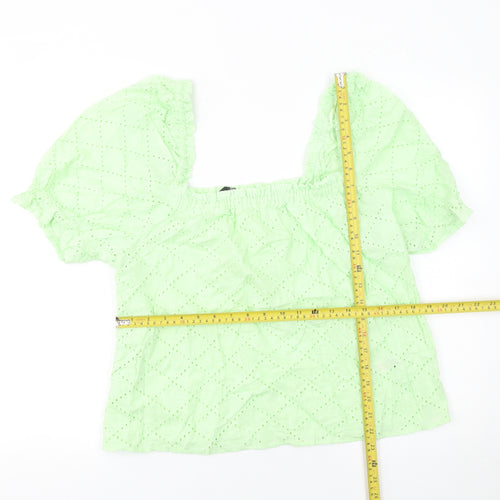 Dunnes Stores Women’s Green Cotton Embroidered Puff Sleeve Cropped Blouse Size 16
