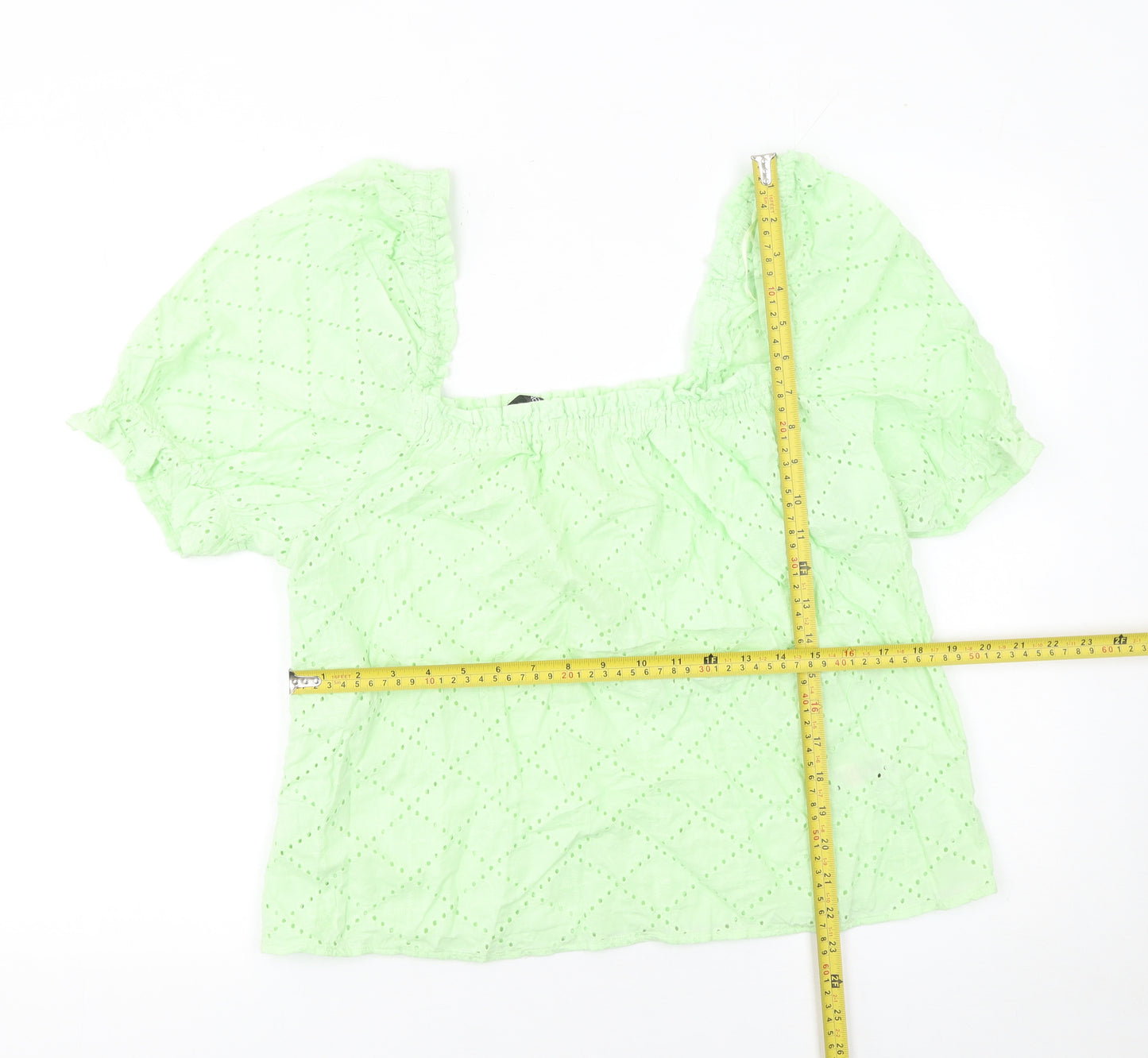 Dunnes Stores Women’s Green Cotton Embroidered Puff Sleeve Cropped Blouse Size 16
