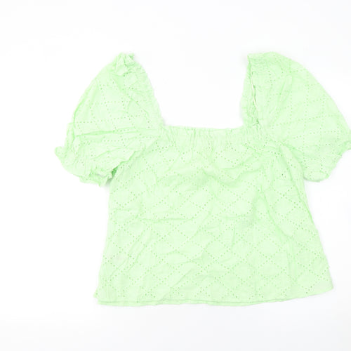 Dunnes Stores Women’s Green Cotton Embroidered Puff Sleeve Cropped Blouse Size 16