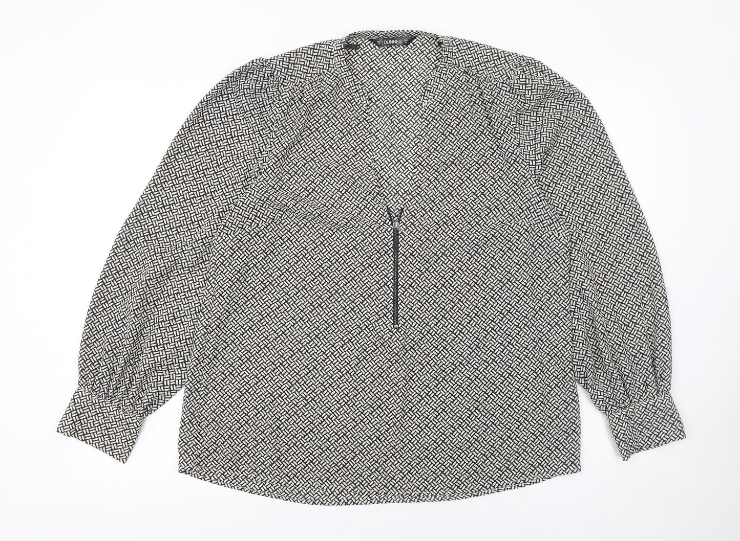 Dunnes Women’s Black Geometric Long Sleeve V-Neck Blouse Size M