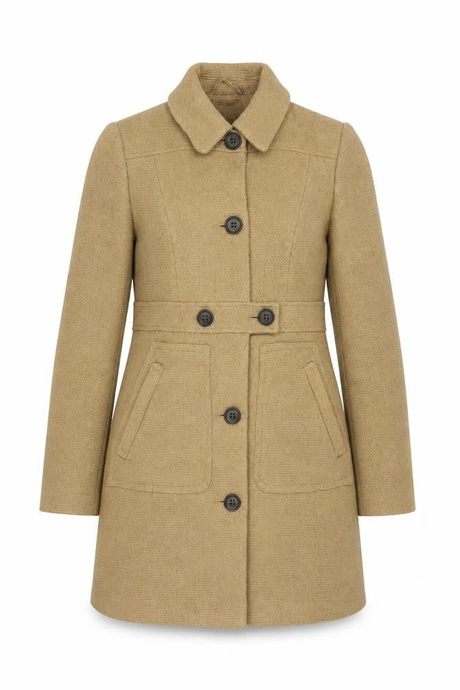 Front view of Next Women's Beige Wool Blend Mid-Length Overcoat, size 8