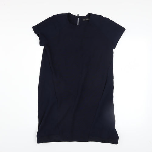 Zara Women Blue Shift Dress Size 10 Short Sleeve Zip Back Knit