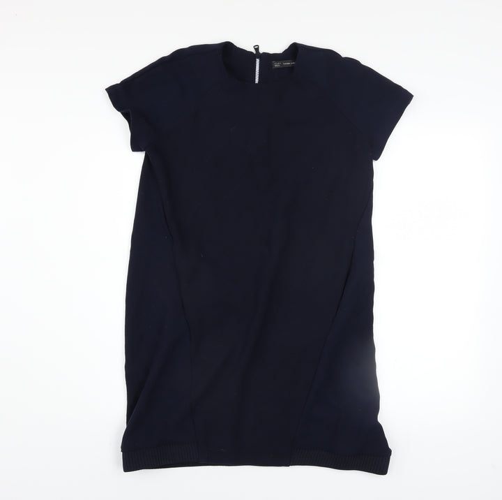 Zara Women Blue Shift Dress Size 10 Short Sleeve Zip Back Knit
