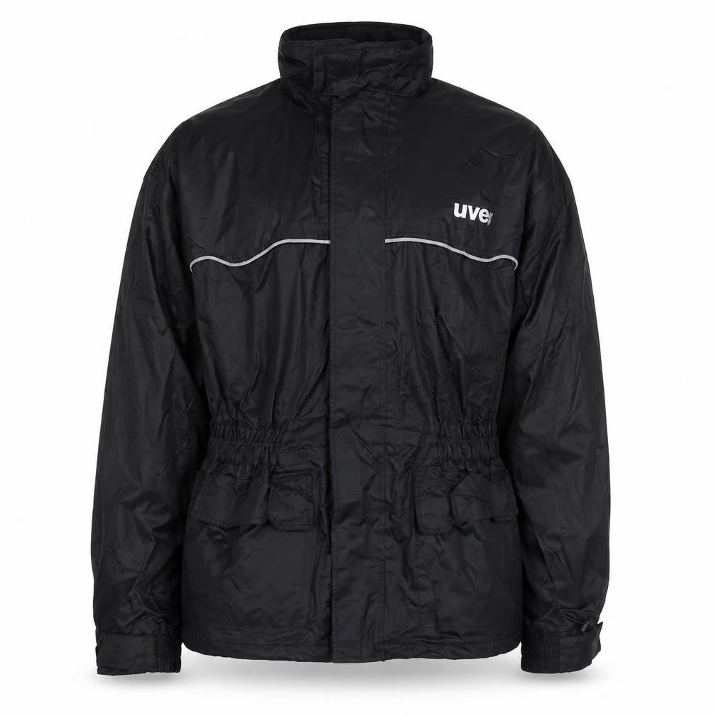 Front view of Uvex Men's Black XL Windbreaker Jacket with Reflective Trim