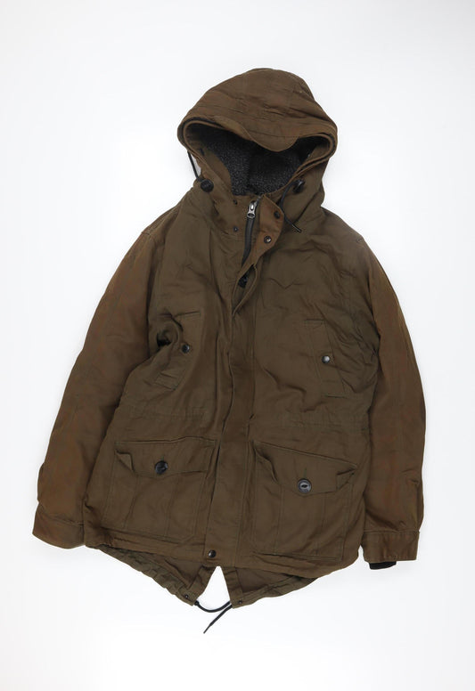 Red Herring Men's Brown Parka Jacket S 38in Hooded Winter Cotton Blend