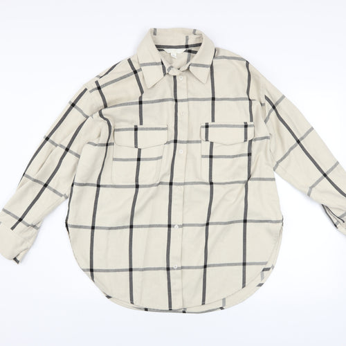H&M Men's Beige Checked Long Sleeve Button-Up Shirt Size S
