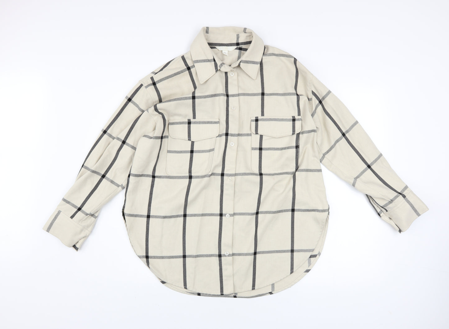 H&M Men's Beige Checked Long Sleeve Button-Up Shirt Size S
