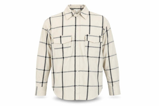 Front view of H&M Men's Beige Checked Long Sleeve Button-Up Shirt, size S