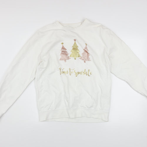 Lipsy London Women White Medium Pullover Sweatshirt Christmas Glitter Trees