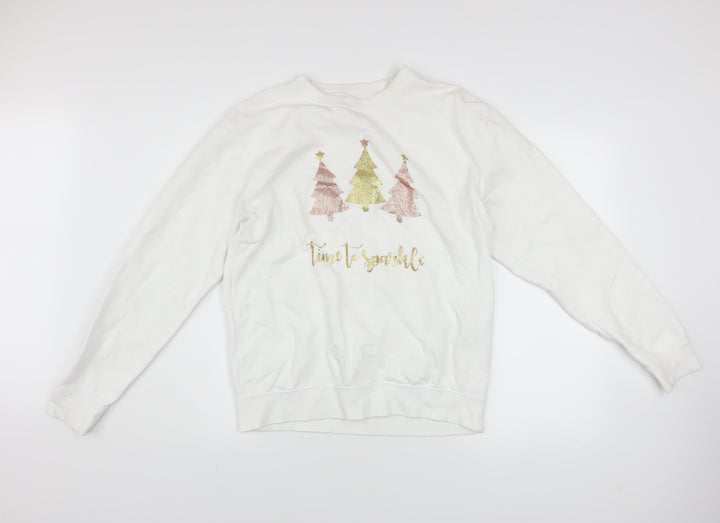 Lipsy London Women White Medium Pullover Sweatshirt Christmas Glitter Trees