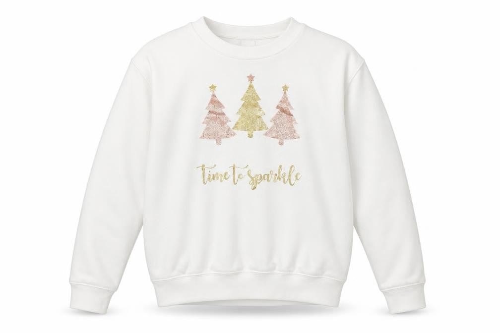 Front view of Lipsy London Women White Medium Pullover Sweatshirt Christmas Glitter Trees