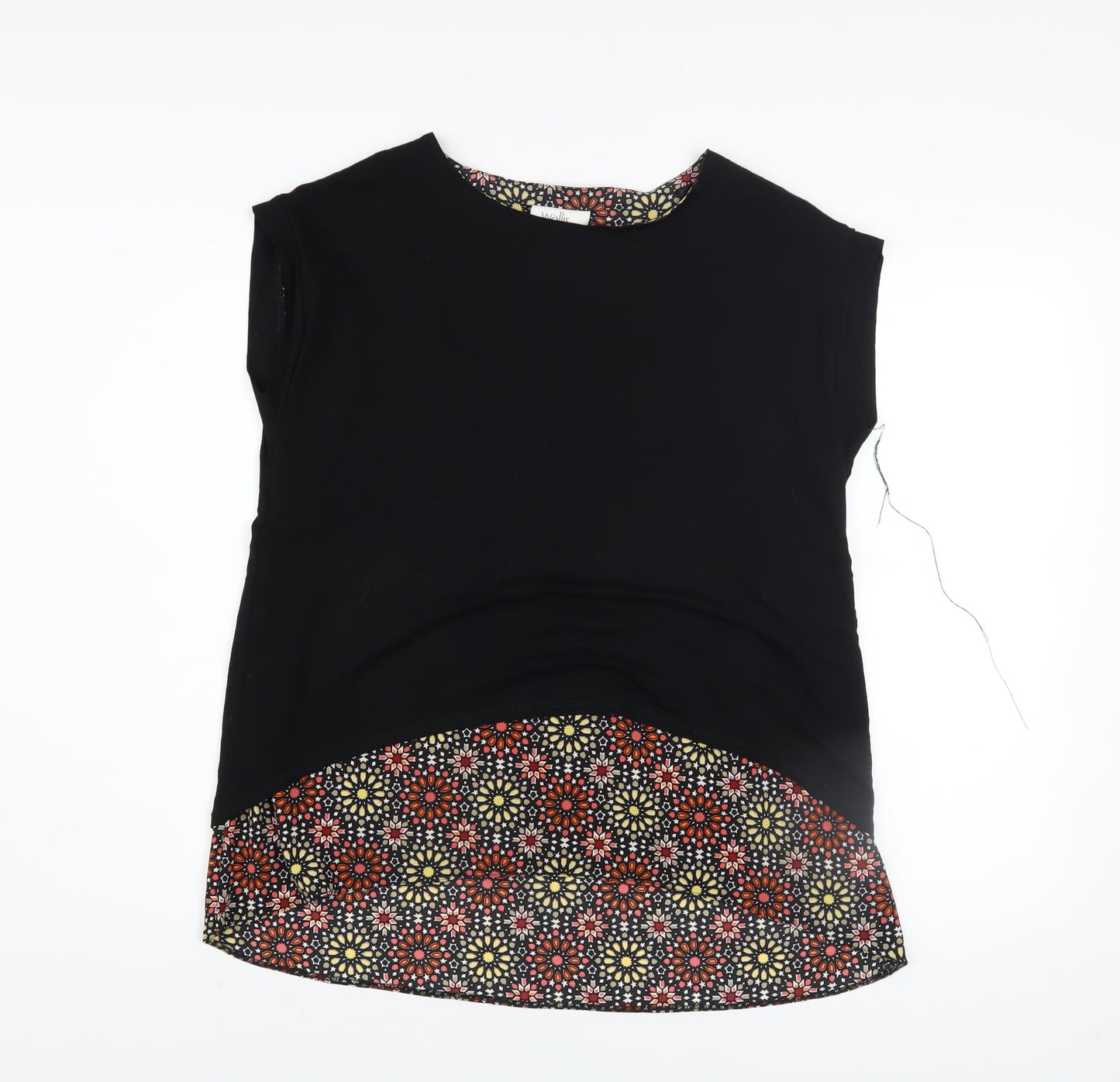 Wallis Petite Black Floral Hem Tunic Blouse UK 12 Women's