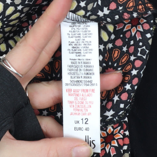 Wallis Petite Black Floral Hem Tunic Blouse UK 12 Women's