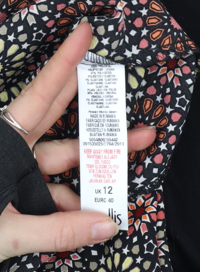 Wallis Petite Black Floral Hem Tunic Blouse UK 12 Women's