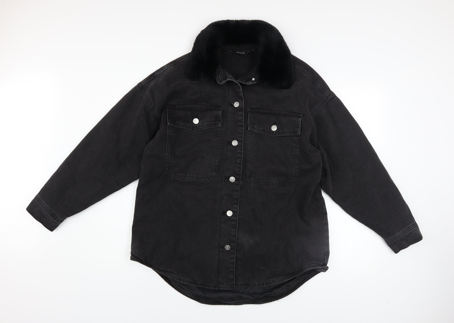 F&F Women's Black Denim Jacket with Faux Fur Collar Size 12 Regular