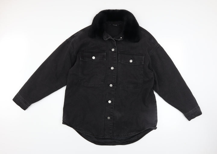F&F Women's Black Denim Jacket with Faux Fur Collar Size 12 Regular