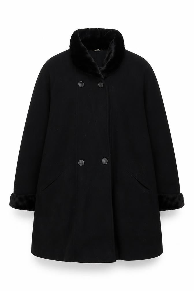 Front view of Kiss Collection women’s black wool fur trim coat, size UK 16