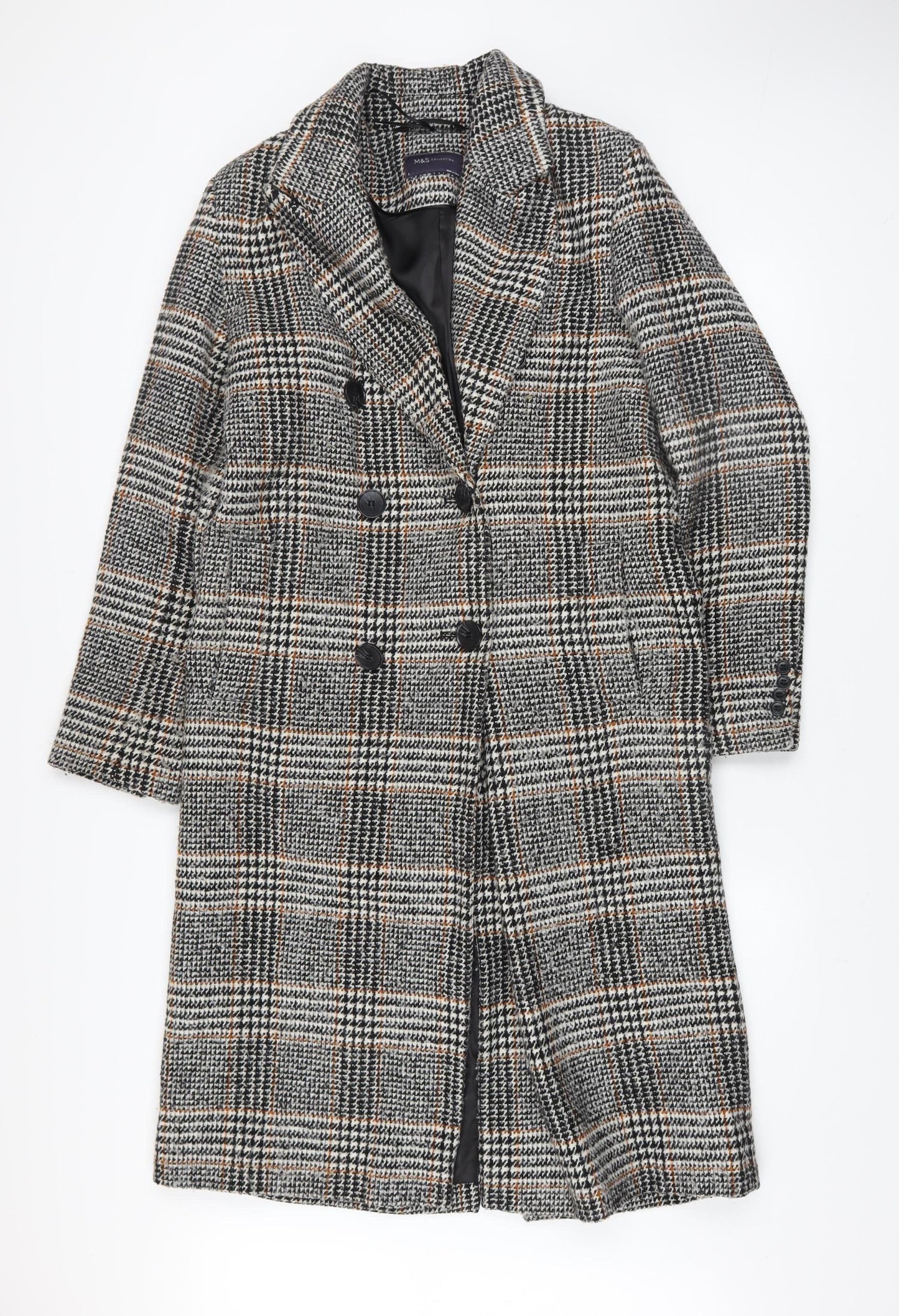 Marks and Spencer Womens Grey Check Wool Blend Long Coat Size 8