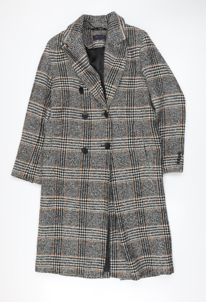 Marks and Spencer Womens Grey Check Wool Blend Long Coat Size 8