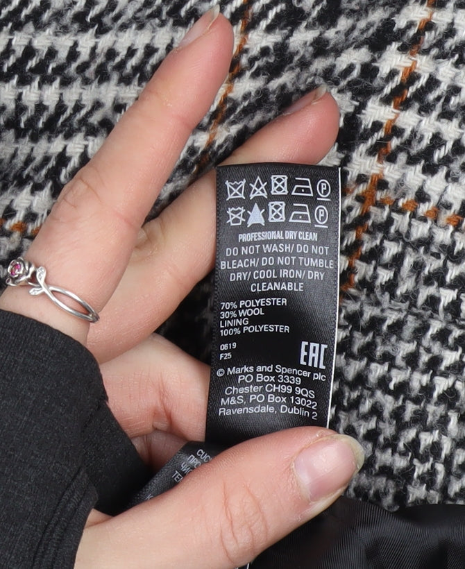 Marks and Spencer Womens Grey Check Wool Blend Long Coat Size 8