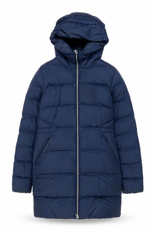 Front view of Timberland women’s navy xs puffer jacket hooded winter nylon coat