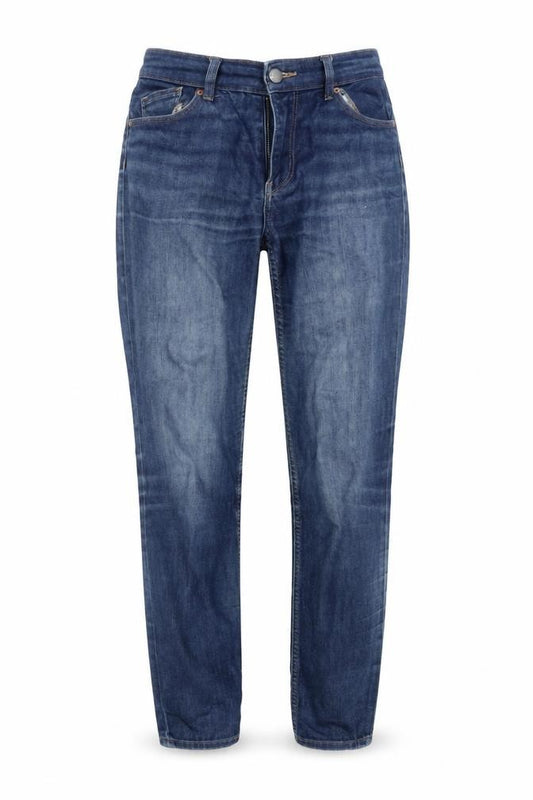 Front view of H&M Women's Blue Mid-Rise Boyfriend Jeans, size 8, Relaxed Fit Denim